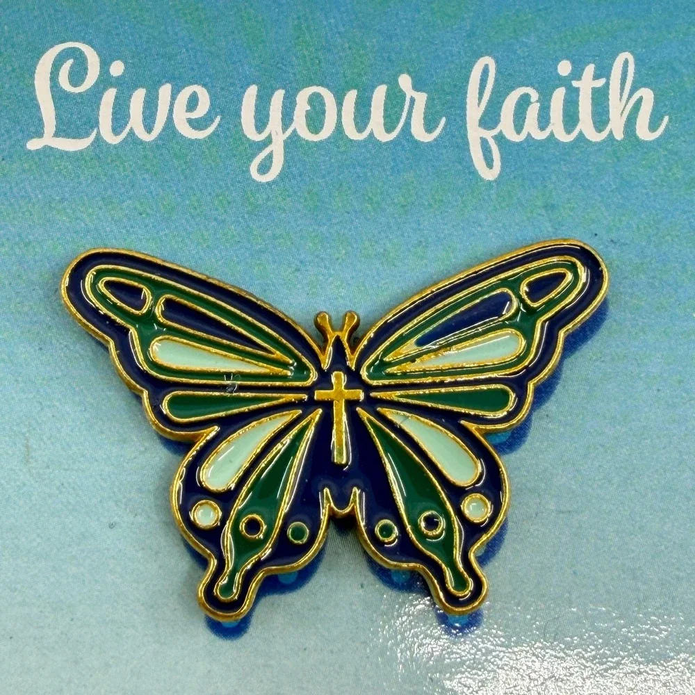 Oriental Trading Christian Butterfly Cross Enamel Lapel Pin Blue Faith Gift